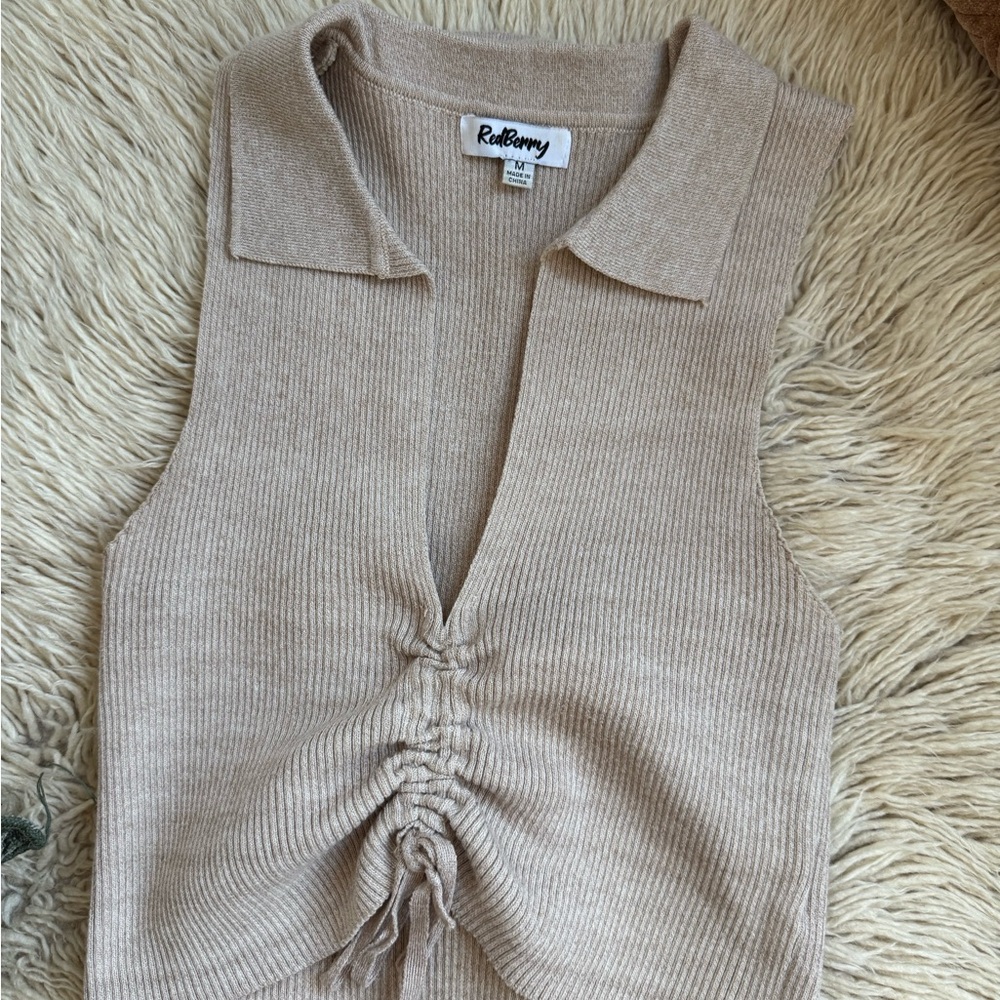 Women's Beige Ruched Knit Sleeveless Top